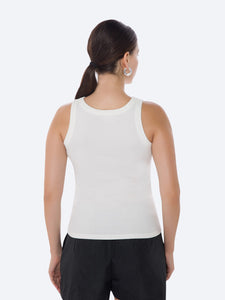 Back view of the I AM ME TANK WOMEN WHITE  by IAM ACTIVESTUDIOS, showcasing its sleek design and embroidery logo detail.