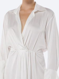 H Silk White Dress - Close Up Detail View, Effortless and Sophisticated Short Length Dress