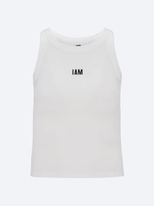 Front view of the I AM ME TANK WOMEN WHITE  by IAM ACTIVESTUDIOS, showcasing its sleek design and embroidery logo detail.