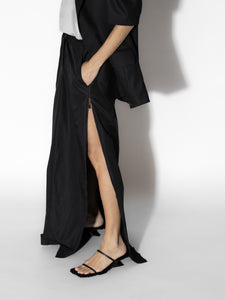 Black Long Nylon Zipper Skirt - Close-up Detail, Premium Nylon Fabric