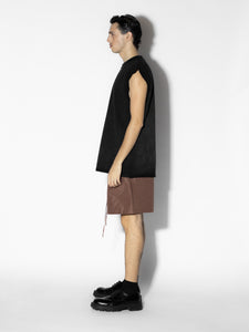 Brown Nylon Shorts - Side View, Elastic Waistband and Adjustable Drawstrings