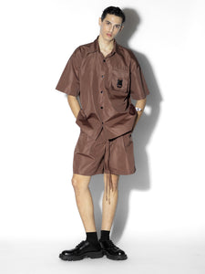 Brown Nylon Shorts - Close-up Detail, Durable Polyamide Fabric and Oversized Fit