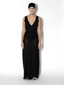 Black Net Long Dress - Front View, Elegant and Form-fitting Silhouette